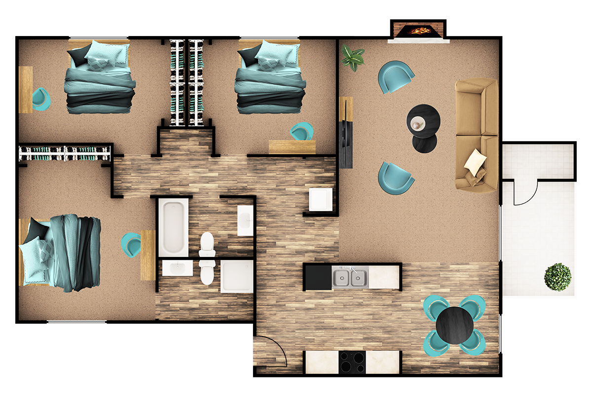 Floor plan for 3 beds, 2 baths, 1194 sqft